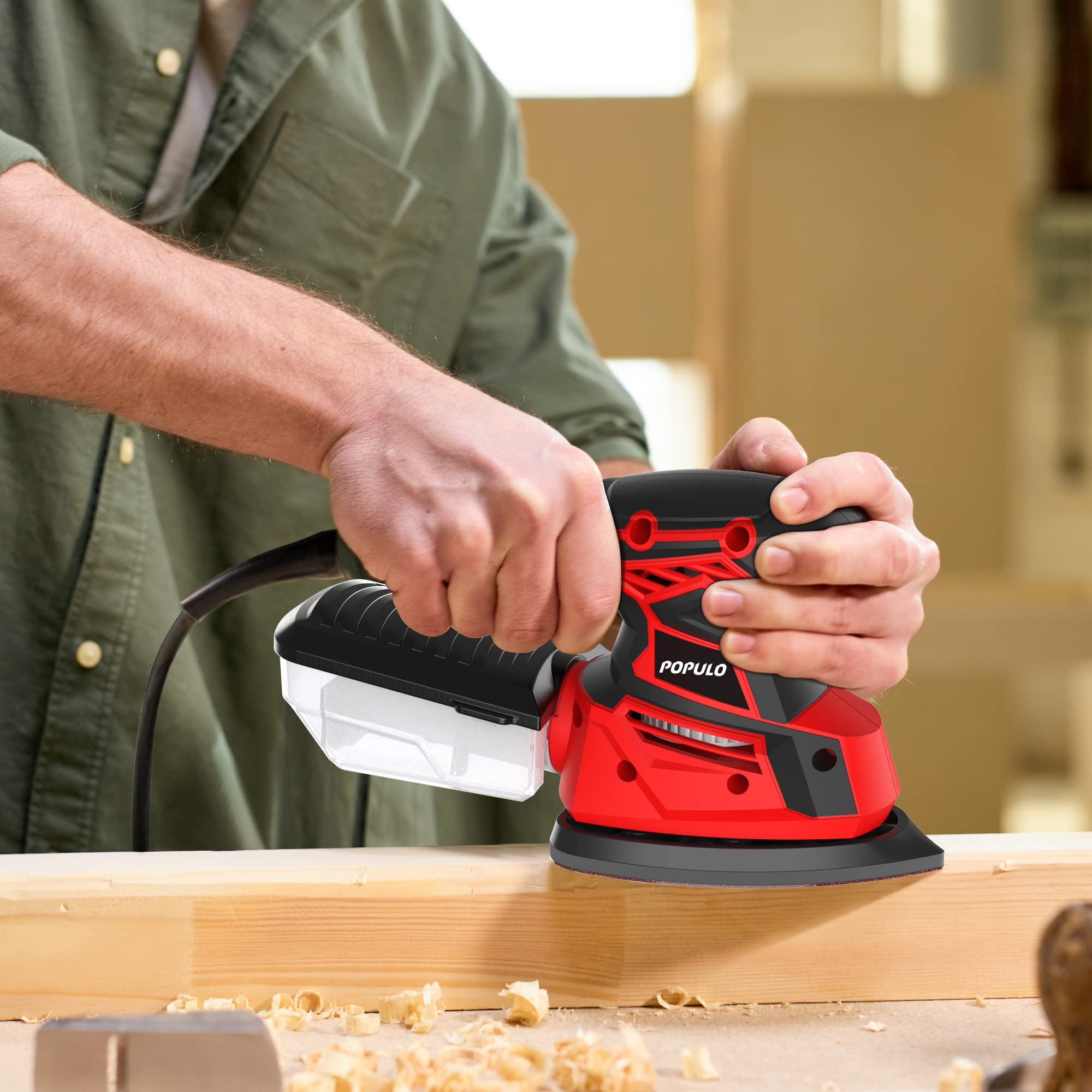 POPULO Electric Mouse Sander, 130W 14000RPM 230V Detail Sander with 12Pcs Sandpapers, Hand Sanders for Wood with Dust Collector, Compact Sanding Machine PEMS-140
